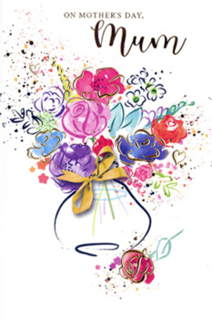 In this expressive Mother's Day card design, the bouquet appears as a vibrant, almost dance-like arrangement, reminiscent of the energy and colour you find in Hackney Wick's murals and studio walls. The flowers themselves are painted in sweeping strokes of hot pink, cerise, and apricot, with deeper purples and blues woven through the petals to create subtle shadows and depth. The shapes are loosely defined by flowing indigo outlines that gently trace each bloom, hinting at rose-like spirals and open, daisy-style faces without locking them into rigid forms. Soft washes of chartreuse and fresh green pool around the base of the flowers and peek from between petals, suggesting leaves and stems, while delicate touches of gold outline certain edges, adding a low, shimmering glow. All of these colours gather naturally into a simple vase at the bottom of the composition, its neutral tones and smooth curves anchored by a neat golden bow that sits like the final flourish from an experienced florist at Flowers Hackney Wick. Around the main cluster of blooms, light splatters, drifting hearts, and hazy blushes of pigment dance across the clean white background, evoking confetti tossed at a celebration or the scattered petals left after unwrapping a fresh bouquet on the kitchen table. The card's overall feel is joyful yet tender, capturing both the exuberance of saying Happy Mother's Day and the quieter, enduring gratitude for all the everyday love. It is a painted bouquet that manages to feel both spontaneous and treasured, mirroring the special place a mother holds in family life across Hackney Wick.