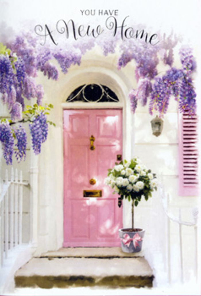 Here, a peaceful entrance scene in Hackney Wick captures the essence of a new home celebrated with flowers. The eye is first drawn upward to cascades of wisteria, which spill in textured curtains of lavender and pale purple from an unseen pergola above the doorway. Each trailing cluster of blossom has a soft, feathery appearance, evoking that powdery, slightly sweet fragrance you might encounter along the towpath near Hackney Wick station in late spring. Beneath this floral canopy sits a front door painted in a gentle, rosy pink, the colour softened as though it has been layered and brushed over time. Its panels catch ambient light, giving the impression of a subtle glow that contrasts beautifully with the crisp, whitewashed wall that surrounds it. To one side, a matching pastel shutter creates visual symmetry and reinforces the calming palette of blush and white. On the stone step below, a grey tin bucket stands firm, filled to overflowing with creamy white roses. Each blossom is plump and beautifully formed, with petals that spiral outwards in delicate layers, some catching the light, others resting in cool shadow. Wisps of soft green foliage weave between the blooms, introducing gentle variation in tone and hinting at stems freshly cut and arranged by a careful hand. Around the base of the bucket, a pink satin ribbon is tied in an unhurried bow, its sheen picking up tiny reflections from the surrounding light and echoing the door's colour. The scene feels like a moment just after a local flower delivery has arrived from Flowers Hackney Wick, perhaps ordered to greet someone moving into a nearby studio or flat. Every detail - the pastel door, cascading wisteria, lush roses, and quiet play of light and shade - works together to express welcome, celebration, and the tender promise of making a new space truly feel like home.
