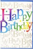 In the photo, a vividly designed birthday card captures attention with the same energy you might feel strolling past colourful murals in Hackney Wick. Stretching confidently across the centre are the words Happy Birthday, set in thick, gently rounded letters that seem to almost float above the surface. Each letter is tinted with a different shade, forming a continuous rainbow ribbon that sweeps from rich crimson and vibrant fuchsia into spirited orange, lemon yellow, fresh green, turquoise, and finally a cool, deep blue. The colours appear smooth and glossy, as though freshly painted and left to dry in studio light. Behind this lively headline, the background is a soft, creamy hue, elegantly covered with repeating lines of Happy Birthday to you written in delicate gold cursive. The script has an easy, musical rhythm, and the metallic ink glimmers subtly, like the reflection of string lights along the canals as evening falls. Fine golden specks and perhaps a few tiny stars dot the design here and there, adding a hint of playful sparkle without making the card feel busy. The card stock itself looks sturdy and refined, with a satin finish that would feel sleek and cool to the touch. The overall impression is one of joyful celebration wrapped in tasteful design-a greeting that would sit beautifully next to a hand-tied birthday bouquet from a Hackney Wick florist, bringing both colour and a heartfelt message to a local friend or loved one's special day.