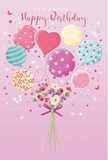 On a gentle, blush-toned background that could easily sit in a Hackney Wick gallery window, this birthday card design presents a whimsical meeting of balloons and fresh flowers. A cluster of pastel balloons floats upward from the centre, each one unique in pattern and character: some twist with candy-coloured stripes, others are dotted playfully as if sprinkled with confetti, and a single heart-shaped balloon glows with soft affection at the core. Their hues of powder pink, creamy lemon, teal, and lilac blend together harmoniously, evoking murals reflected in the canal at golden hour. At the base of the balloons, a hand-tied bouquet of roses and anemone-like blooms gathers in a lush mound, petals soft and feathery, layered in shades of ivory, blush, and dusky mauve. The stems are bound with a violet satin bow that offers a stylish, polished finish much like a florist's final flourish before a local birthday delivery heads out through Hackney Wick's cobbled yards. Around the balloons and flowers, tiny star-like shapes and butterfly silhouettes seem to hover, adding a touch of storybook magic and suggesting movement, as though a gentle breeze is lifting the scene. Soft light glows across the composition, catching the gentle shine of the balloons and the inviting texture of the petals. The result is a tender, uplifting birthday image that feels both artistic and heartfelt, perfectly suited to someone who loves colour, creativity, and the distinctive charm of Hackney Wick.