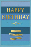 A beautifully composed birthday card in shades of blue and gold is presented in close-up, its style echoing the kind of modern, artistic calm you might associate with Hackney Wick's creative spaces. The background features wide, horizontal stripes that run seamlessly across the card, beginning with deep navy at the top and gradually lightening through denim and teal to a soft, breezy blue near the bottom. This gentle gradient has the feel of layered skies or water, giving the card a sense of depth and restful movement. In the centre, the message HAPPY BIRTHDAY stands proudly in large, embossed gold letters. The font is bold yet refined, and the metallic foil adds a muted, sophisticated shine that dances lightly as the card catches the light. Just below the main greeting, a delicate golden flourish stretches horizontally, its curved lines offering a decorative pause before the text below. Under this flourish, three slim gold banners are stacked neatly, each inscribed with part of an inviting message: Relax, have a great day and enjoy! The banners share the same gold foil as the lettering, creating a cohesive flow from top to bottom. A fine gold border traces the perimeter of the card, containing the design like a framed piece of artwork. The surface of the card appears smooth and thick, with the foil elements slightly raised, giving them a tactile quality that would be pleasant under the fingertips. Soft, natural lighting highlights the metallic areas and casts gentle shadows along the embossed lines, suggesting that this card might be resting on a table near a Hackney Wick window, ready to be given alongside a fresh bouquet to mark a birthday with quiet style and heartfelt warmth.